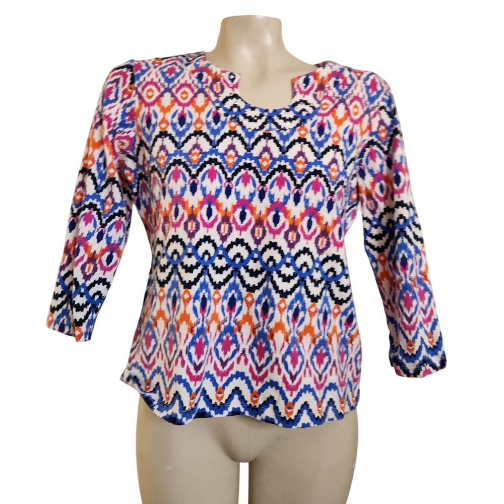 Ruby Rd Petite‎ Ikat Geometric Print 3/4 Sleeve Top Blue Orange PM